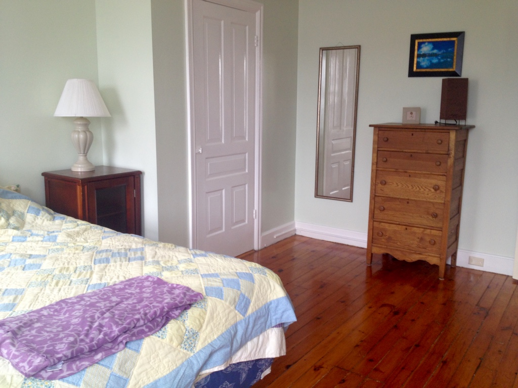 A spare bedroom with a bed, dresser, lamp, and open floor space